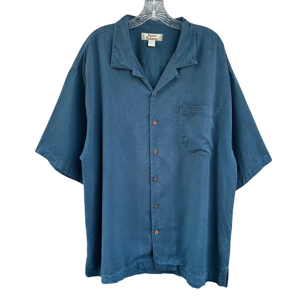 Tommy Bahama Mens XL Blue 100% Silk Short Sleeve Camp Shirt Coconut Buttons